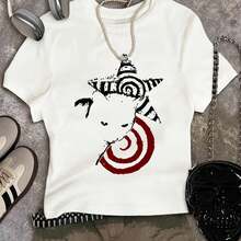 Plus Size Women's Summer Casual Printed Short Sleeve T-Shirt, Fitted One-Piece Top With Round Neck And Spiral Pentagram Cat Circle Print, Creative And Very Popular Design, Fun Y2K Style Short Sleeve T-Shirt, Plus Size Women's Short Sleeve Top Suitable For Valentine's Day, Easter And Football Enthusiasts. - 白 - 查看 7