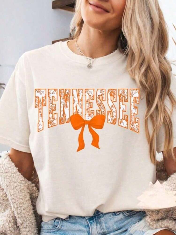 1 pieza Camiseta Tennessee Floral Toile, Lazo Coquette Naranja Acuarela, Regalo de Viaje de Tennessee, Día de Partido de Tennessee, Camiseta Sureña, Camiseta Clásica de Algodón Grueso 100% Algodón de Manga Corta, Camiseta Estampada con Gráficos, Top Casual de Manga Corta para Mujer, 180g Algodón 100%. - Blanco - Añade 8