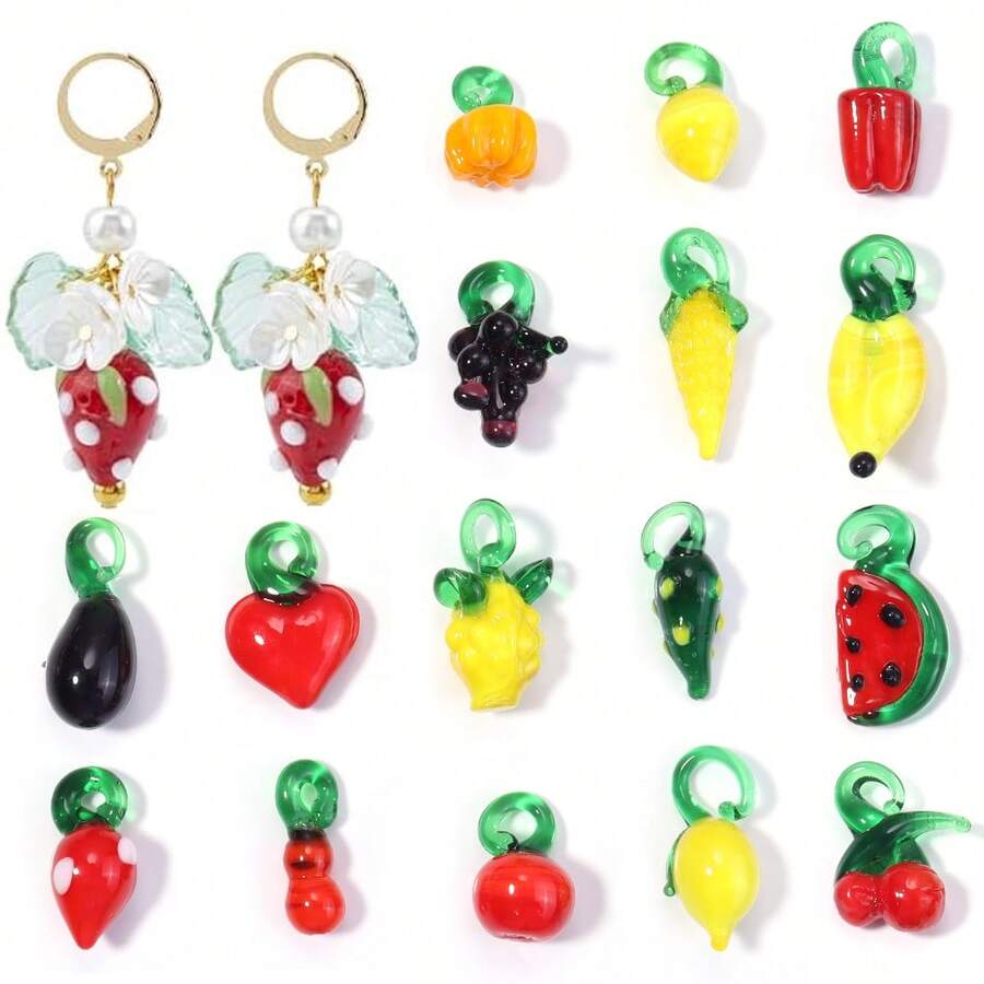 5 Stücke bunte lebensechte Obst- & Gemüseanhänger, Kirsche, Erdbeere, Gurke und weitere süße kleine Anhänger für Halskette, Ohrringe, Armband DIY, leuchtende Gemüseanhänger für den Sommer