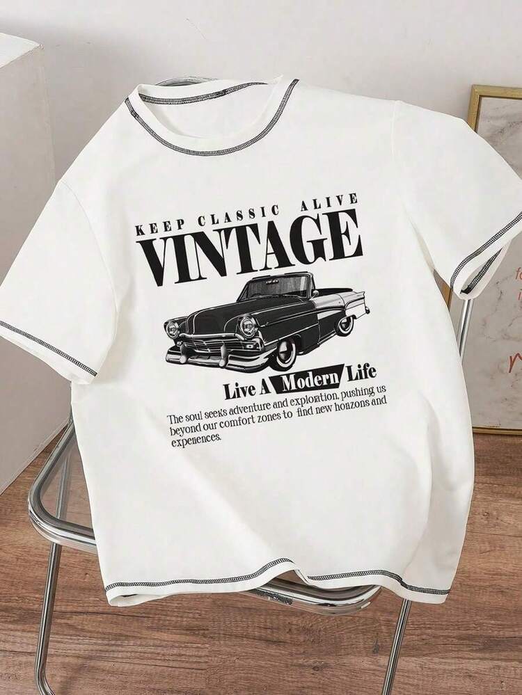Camiseta Casual para Hombre , Talla Estándar, Roja con Parches, Cuello Redondo, Estampada, Estilo Vintage - Blanco - Añade 5