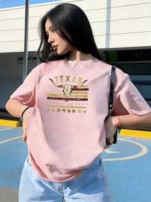 Western And Vintage Style Short Sleeve T-Shirt, Fashionable Short Sleeve T-Shirt For Spring And Summer 2026, Made In Mexico, 180 Grams. Cartoon Print, Couple Design, Suitable For Indoor Or Outdoor Wear. Crew Neck, Unisex, Ideal For Office And Leisure. One-Piece Pack. - PK-P631577SLNDXZGY600 - 查看 1