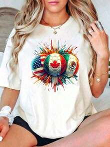 New Fashionable Women's Round Neck T-Shirt, Casual FIFA2026 Style, With Soccer Ball Design And Flags Of USA, Canada And Mexico, For Summer, Perfect Gift For Sports Fans, Versatile Design Ready For Summer. - 黑色 - 查看 6