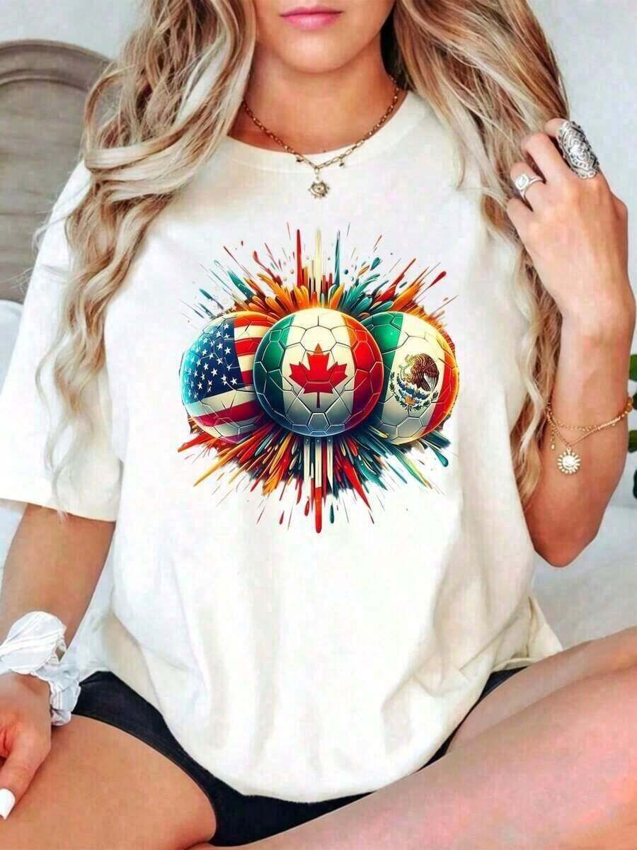 New Fashionable Women's Round Neck T-Shirt, Casual FIFA2026 Style, With Soccer Ball Design And Flags Of USA, Canada And Mexico, For Summer, Perfect Gift For Sports Fans, Versatile Design Ready For Summer. - 白色 - 查看 1