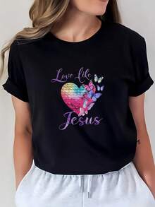 Camiseta Estampada para Mujer - Camiseta Casual de Manga Corta y Cuello Redondo en Negro con Colorido Diseño de Corazón y Mariposa, Corte Relajado para Todas las Estaciones, Perfecta para Uso Diario y Atuendos de Vacaciones (Lavable aáquina). - Negro - Ver 1