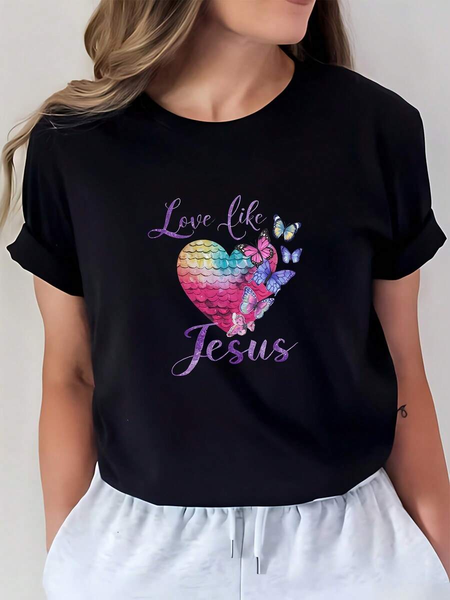 Camiseta Estampada para Mujer - Camiseta Casual de Manga Corta y Cuello Redondo en Negro con Colorido Diseño de Corazón y Mariposa, Corte Relajado para Todas las Estaciones, Perfecta para Uso Diario y Atuendos de Vacaciones (Lavable aáquina). - Negro - Ver 1