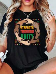 Women's "Strength In Unity" T-Shirt With Multicolored Hand Print, T-Shirt For Cultural Events, Equality Gatherings, Elegant And Inclusive Style, Short Sleeve, Casual Style, Women's Going Out T-Shirts - 黑色 - 查看 1