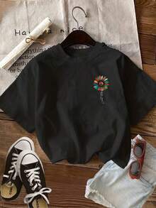 | Exquisite Design | Loose And Comfortable | Easy To Match | [Front And Back Print] Women's Bohemian Summer Clothes, Bohemian Style, Peace Symbol, Floral Letters, Pure Cotton T-Shirt, Casual For Daily Wear, Round Neck, Short Sleeve - 黑色 - 查看 3