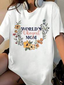 Women's Floral Design T-Shirt "The Most Normal Mom In The World", Mother's Day Gift, Casual Wear [Suitable For Leisure And Sports Activities] - White - View 1