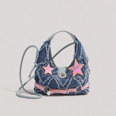 Niche Handbags, High-End Texture, Portable Crescent Bag, All-Match Fashion Denim Messenger Bag, Five-Pointed Star, Punk Hot Girl Style