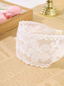 1件波希米亞風蕾絲網紗珍珠刺繡花卉寬髮帶，甜美鄉村風百搭女性髮飾髮箍 - 白色 - 查看 8