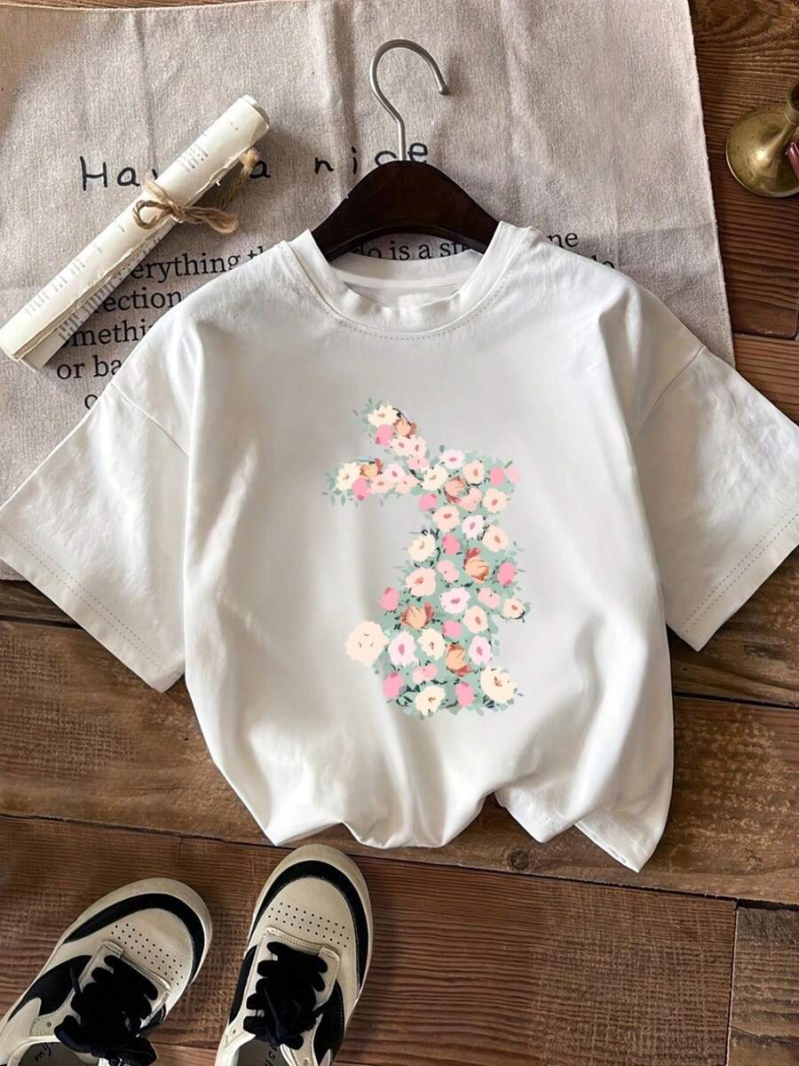 Spring And Summer Fashion Print Short Sleeve T-Shirt, Casual Short Sleeve T-Shirt, Women's Fashion Round Neck T-Shirt In Standard Sizes, Women's Clothing In Standard Sizes, Women's Clothing. - 白色 - 查看 1