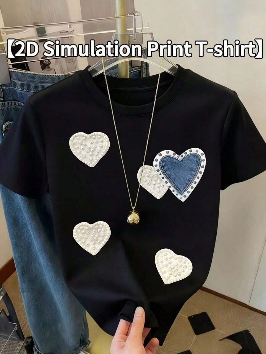 Bohemio Loose [Camiseta con Estampado Simulado 2D] Camiseta Casual de Manga Corta, Corte Regular, Lavable a Máquina, Esencial para Primavera y Verano, Suave y Cómoda, Camiseta de Mujer con Estampado Simulado de Corazón de Perla de Dibujos Animados, Camiseta de Algodón - Negro - Ver 1