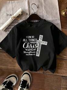 Women's Casual Spring/Summer T-Shirt Featuring The Mexican National Soccer Team, With A Crew Neck And Short Sleeves, And A Design Combining A White Cross And Bible Verses. Made From Breathable, Machine-Washable Fabric, It's Comfortable For All Seasons. The T-Shirt Has A Relaxed Fit And Is Available In Plus Sizes, Making It A Perfect Summer Staple. - 黑色 - 查看 6