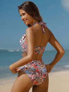 Conjunto de camiseta de tirantes y bikini con estampado floral ditsy para mujer, ideal para vacaciones románticas en la playa, nuevas llegadas de moda primavera/verano 2026: estilos de Año Nuevo, estilos de San Valentín, estilos de vuelta al col - Rosa - Ver 2