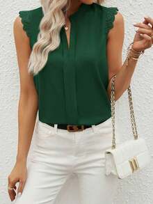 Clasi Camisa de mujer sin mangas de unicolor con cuello en V elegante y parche de encaje, verano - Verde Oscuro - Ver 3