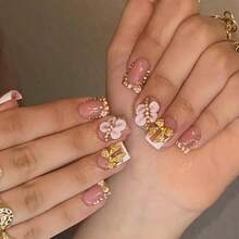 Euro-American Cross-Border Hot Selling French Manicure 3D Bow Gold Glitter Rhinestone Flower Press-On Nails Wholesal - FT-382 [Jelly Gel Type] - View 12