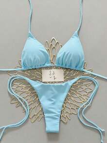 2 piezas Conjunto de traje de baño para mujer, Bikini verde menta con decoración de cuerda hecha a mano - Celeste - Ver 6