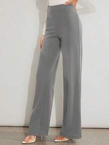Pantalones de pierna ancha unicolor de talle alto - Gris - Ver 4