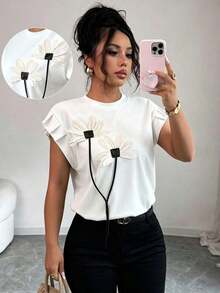 Camiseta de mujer con flores tridimensionales lindas y contrastantes para verano y otoño - Beis - Ver 8