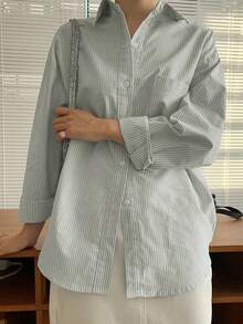 Camisa de manga larga con bolsillo y hombros caídos a rayas verticales, ropa de otoño - Verde - Ver 4