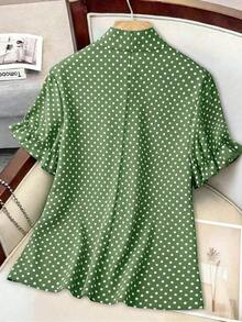 Blusa de manga corta holgada, casual, elegante, dulce y retro con estampado de lunares, cuello con volantes y talla grande para primavera/verano - Verde - Ver 2