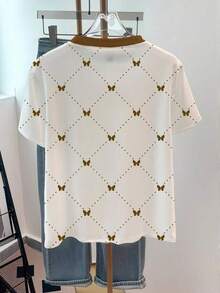 Camiseta de mujer con cuello redondo, estampado de corazones y lunares, y bloques de color - Blanco 2 - Ver 2