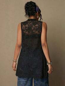 Freevana Blusa sin mangas con estampado floral vintage bohemio y encaje, talla grande, nueva llegada de primavera, adecuada para el Día de San Valentín, festivales de música - Negro - Ver 2