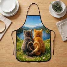 1 pieza, Delantal de poliéster con diseño de gato cocinero y girasol, adecuado para cocinar, hornear y jardinería - se puede usar como atuendo para la cocina y el comedor - Multicolor - Ver 4