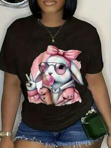Limited Time Offer, Limited Quantity Available, Lightning, Women's Shirts, Women's T-Shirts, Women's T-Shirt With Cute Rabbit Design With Sunglasses And Pink Bow, Funny Animal Print T-Shirt, Casual Summer Top, Perfect For Easter, Birthday Or Everyday Wear. - 黑色 - 查看 1