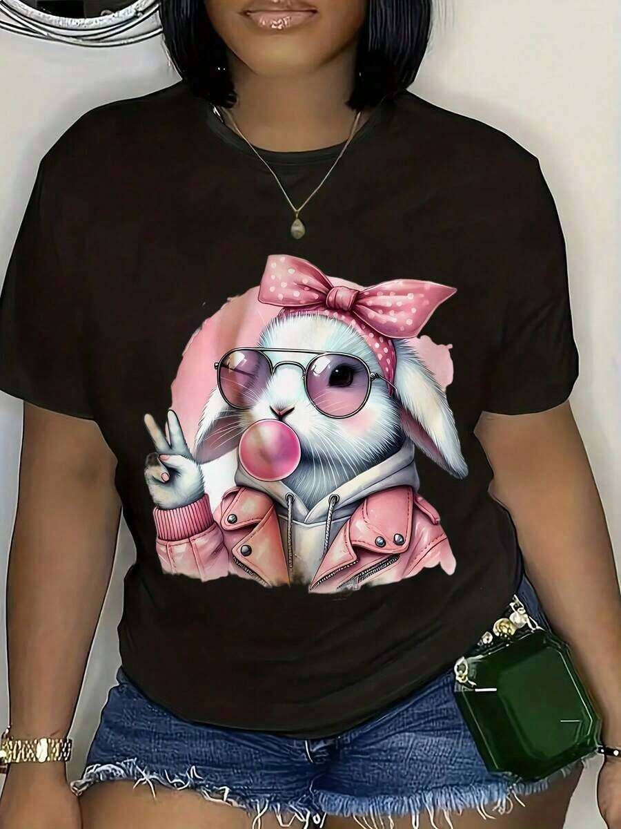 Limited Time Offer, Limited Quantity Available, Lightning, Women's Shirts, Women's T-Shirts, Women's T-Shirt With Cute Rabbit Design With Sunglasses And Pink Bow, Funny Animal Print T-Shirt, Casual Summer Top, Perfect For Easter, Birthday Or Everyday Wear. - 黑色 - 查看 1