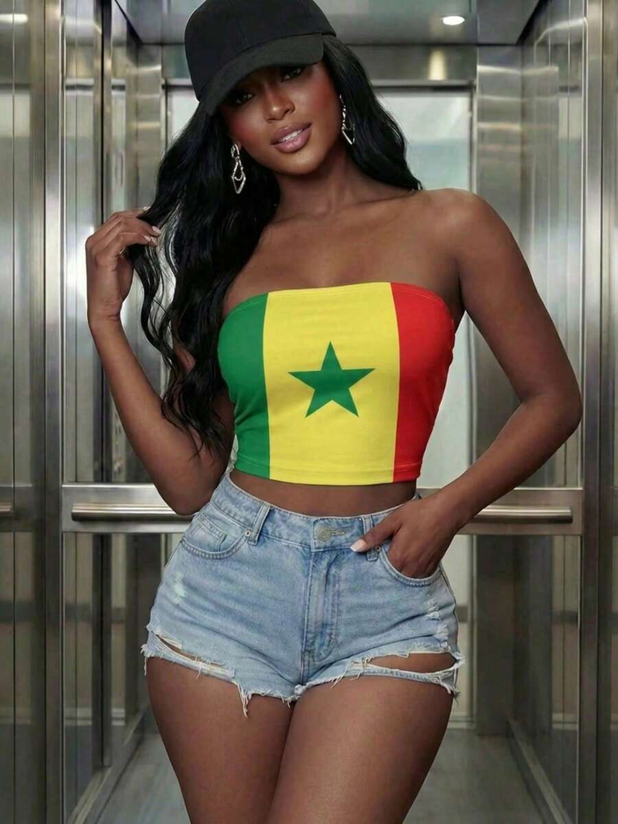 Women's Casual Senegal Flag Print Strapless Cropped Top, Suitable For Summer, Summer Vacation, World Cup Cute Top