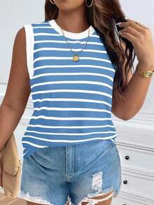 Chaleco sin mangas de mujer de talla grande, casual, de cuello redondo y con estampado de limón, de hombros anchos - Azul - Ver 8