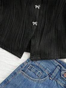 Blusa casual de verano para mujeres, top blanco de manga corta con cuello redondo y estampado floral, para vacaciones de verano - Negro 2 - Ver 3