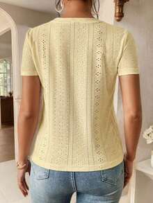 Camiseta blanca de cuello redondo con bordado de ojales, minimalista para ir a la oficina, estilo antiguo y sencillo - Amarillo claro - Ver 2