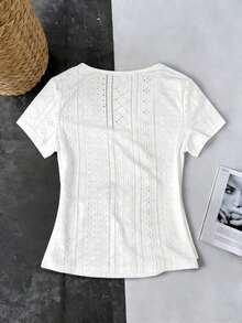 Camiseta casual de mujer de manga corta, cuello en V, fruncida y ajustada de unicolor - Negro - Ver 4
