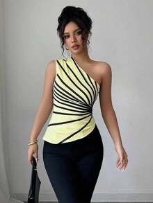 Blusa de punto con estampado de hombro oblicuo elegante para vacaciones de verano para mujer - Amarillo claro - Ver 4