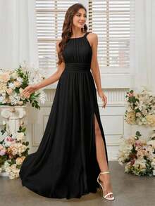 Belle Vestido de dama de honor con cuello de halter de unicolor, cintura imperio y abertura frontal alta.Elegante vestido color púrpura claro para boda. - Negro - Ver 7