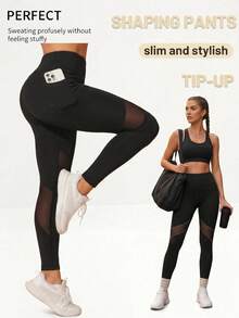 1pc Spring/Summer Yoga Waist & Waist Cinching Mesh Inset Design Casual Sports 3/4 Leggings With Side Pockets - Black - View 1