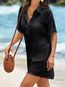 Conjunto de ropa de playa para mujer- Vestido de baño con cuello en V sin mangas como cobertor casual de playa - Negro - Ver 6