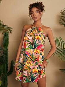 Vestido corto holgado con hombros al descubierto y estampado tejido para mujeres para vacaciones - Rosa - Ver 1