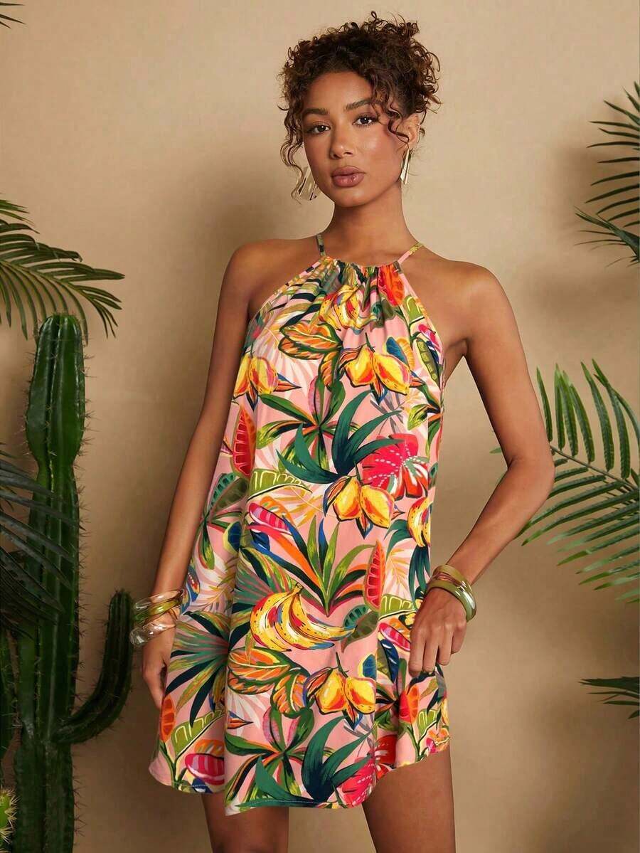 Vestido corto holgado con hombros al descubierto y estampado tejido para mujeres para vacaciones - Rosa - Ver 1