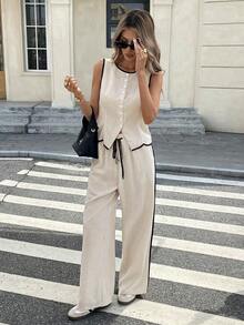 Conjunto de 2 piezas de top tipo camiseta y pantalones de verano casuales con ribete en contraste para mujer - Albaricoque - Ver 3
