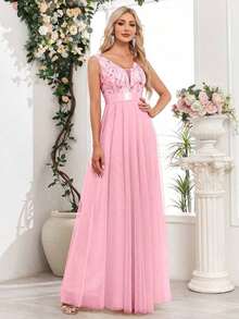 Vestido de dama de honor formal de línea A con escote en V sin mangas, bordado y de malla, vestido de fiesta elegante, vestido de invitado de boda formal, vestido de ceremonia de graduación, vestido de noche de primavera - Rosa Pálido - Ver 8