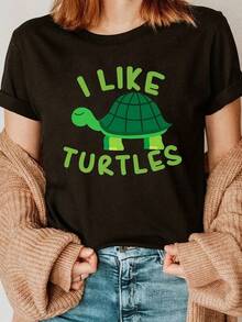 1 Piece Unisex Loose Fit T-Shirt 180g 100% Pure Cotton, Unique Y2k Style T-Shirt With A Fun Turtle Design That Says I Like Turtles, Perfect For A Fresh And Cheerful Look, Ideal For Nature And Fashion Lovers, Don't Miss This Essential Piece For Your Wardrobe, Only One Piece Available. - 黑色 - 查看 1
