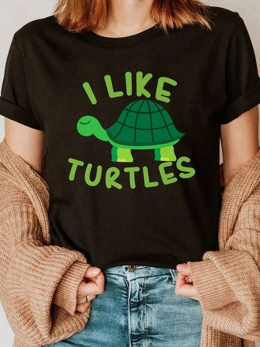 1 Piece Unisex Loose Fit T-Shirt 180g 100% Pure Cotton, Unique Y2k Style T-Shirt With A Fun Turtle Design That Says I Like Turtles, Perfect For A Fresh And Cheerful Look, Ideal For Nature And Fashion Lovers, Don't Miss This Essential Piece For Your Wardrobe, Only One Piece Available. - 黑色 - 查看 1