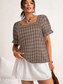Blusa de manga corta con cuello cuadrado y parches de encaje de talla grande, blusa de manga abullonada - Café integral - Ver 6