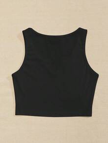 Top corto de punto acanalado de unicolor minimalista para uso casual y de oficina para mujer - Negro - Ver 2
