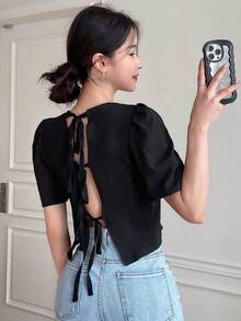 Blusa con mangas abullonadas y atar en la espalda, tops cortos para mujeres - Negro - Ver 4