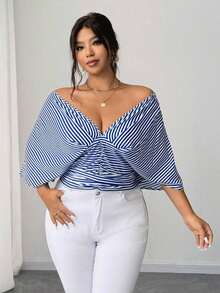 Vestido tipo camisa sin mangas a rayas azul de talla grande, cintura entallada, versátil y elegante - Azul 2 - Ver 6