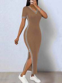 Elegante vestido de punto elástico de color negro y contraste con abertura en el bajo, cuello en V y manga corta para mujeres - Café integral - Ver 4